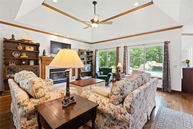 501 W 35th Pl, Sand Springs, OK 74063 - living room featuring a glass covered fireplace, a ceiling fan, a raised ceiling, recessed lighting, and wood finished floors