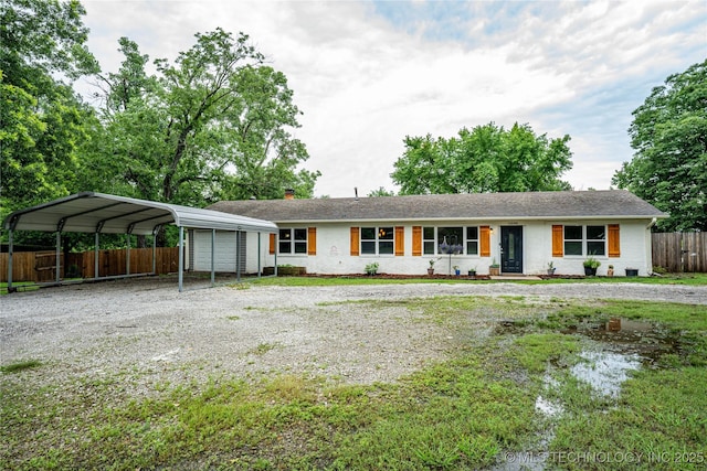 11598 E Oak St, Claremore, OK 74019 - ranch-style house featuring gravel driveway, a detached carport, and a chimney