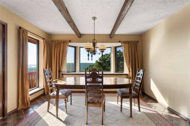 17304 E 176th St S, Bixby, OK 74008 - dining room featuring a chandelier, a textured ceiling, and beamed ceiling