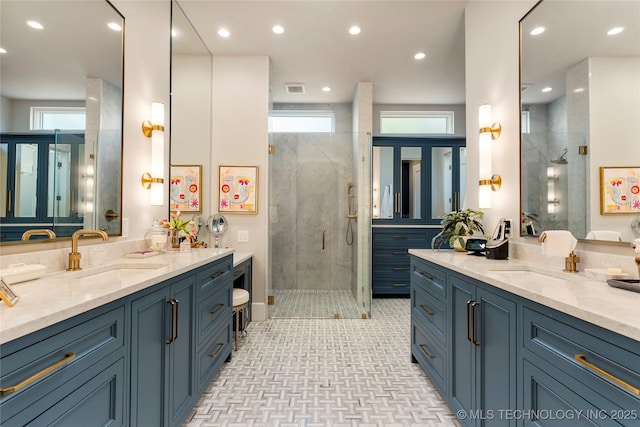 2524 E 66th Pl, Tulsa, OK 74136 - bathroom featuring a stall shower, two vanities, and recessed lighting