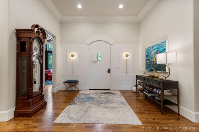 2524 E 66th Pl, Tulsa, OK 74136 - foyer with crown molding, a high ceiling, dark wood-style flooring, and recessed lighting