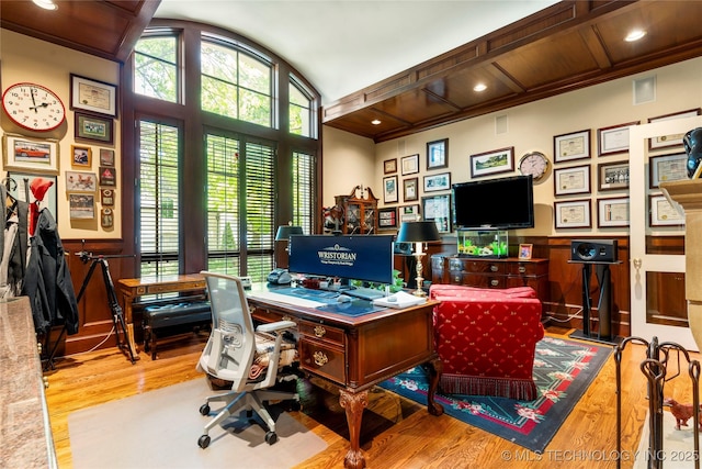 2524 E 66th Pl, Tulsa, OK 74136 - office area featuring wood finished floors, wainscoting, and ornamental molding