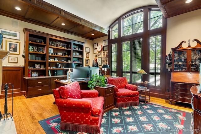 2524 E 66th Pl, Tulsa, OK 74136 - sitting room featuring crown molding, an office area, and wood finished floors
