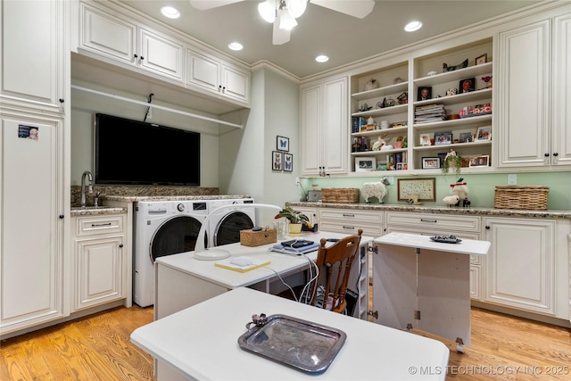 2524 E 66th Pl, Tulsa, OK 74136 - laundry area featuring washing machine and clothes dryer, a ceiling fan, light wood finished floors, recessed lighting, and an office area