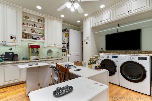 2524 E 66th Pl, Tulsa, OK 74136 - laundry room featuring washing machine and dryer, ceiling fan, light wood-style flooring, ornamental molding, and recessed lighting