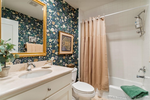 2524 E 66th Pl, Tulsa, OK 74136 - full bathroom featuring wallpapered walls, vanity, and shower / tub combo with curtain