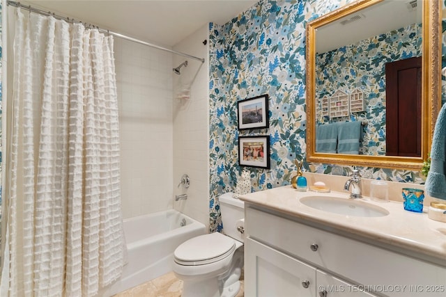 2524 E 66th Pl, Tulsa, OK 74136 - bathroom featuring wallpapered walls, vanity, and shower / bath combo