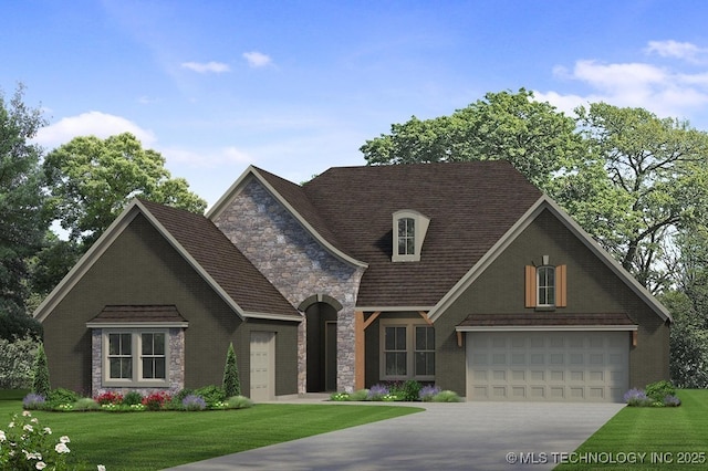 7117 E Queens St, Broken Arrow, OK 74014 - view of front facade with stone siding, driveway, a front lawn, and brick siding
