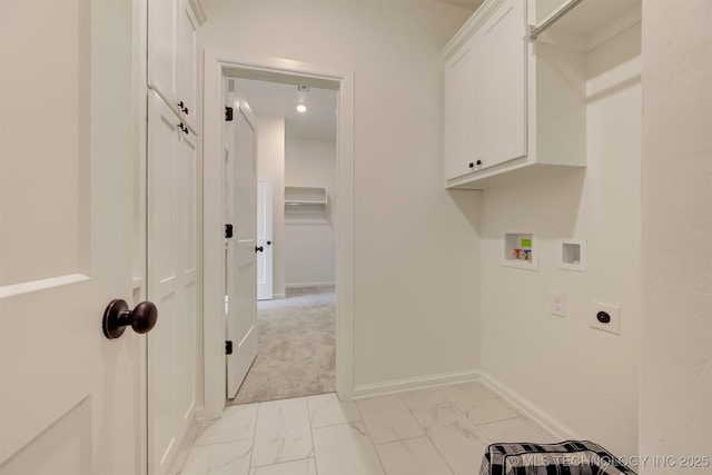 7117 E Queens St, Broken Arrow, OK 74014 - washroom featuring cabinet space, electric dryer hookup, light marble finish floors, hookup for a washing machine, and recessed lighting