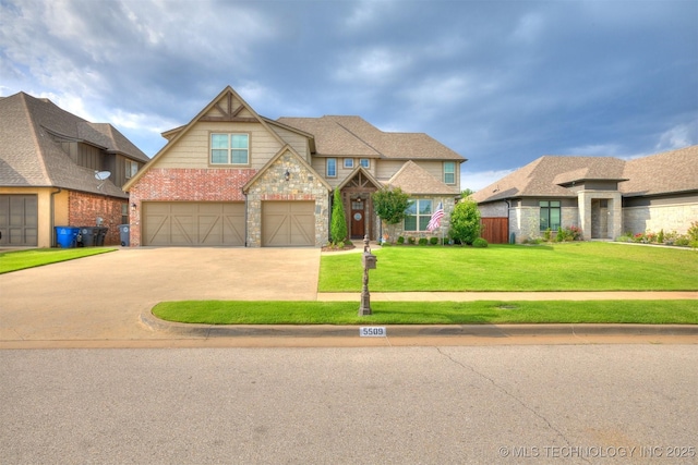 5509 E 121st Pl S, Tulsa, OK 74008 - craftsman house featuring driveway, stone siding, a front lawn, and a garage