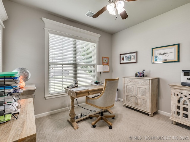 5509 E 121st Pl S, Tulsa, OK 74008 - office area with ceiling fan, light carpet, and healthy amount of natural light