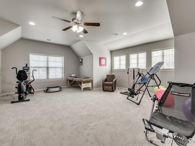5509 E 121st Pl S, Tulsa, OK 74008 - workout room featuring vaulted ceiling, ceiling fan, carpet floors, and recessed lighting