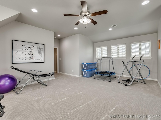 5509 E 121st Pl S, Tulsa, OK 74008 - workout room featuring lofted ceiling, carpet, ceiling fan, and recessed lighting