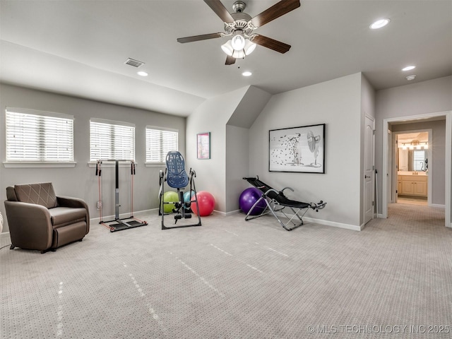 5509 E 121st Pl S, Tulsa, OK 74008 - workout area with recessed lighting, a ceiling fan, and carpet flooring