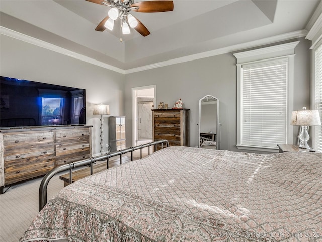 5509 E 121st Pl S, Tulsa, OK 74008 - bedroom featuring a tray ceiling, crown molding, and ceiling fan