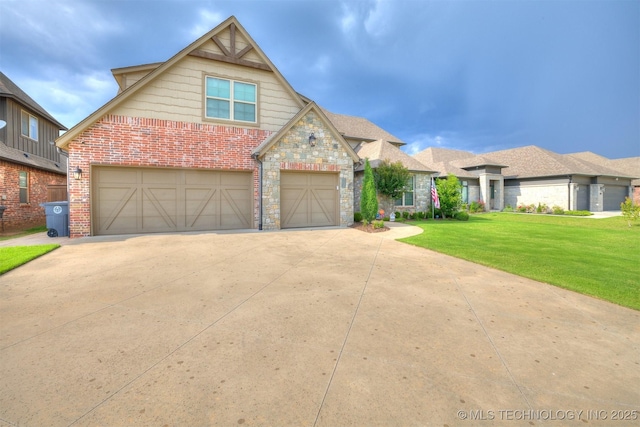 5509 E 121st Pl S, Tulsa, OK 74008 - view of front of home with driveway, a front yard, brick siding, stone siding, and an attached garage