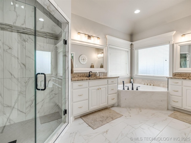 5509 E 121st Pl S, Tulsa, OK 74008 - full bath featuring a bath, a marble finish shower, vanity, marble finish floors, and vaulted ceiling