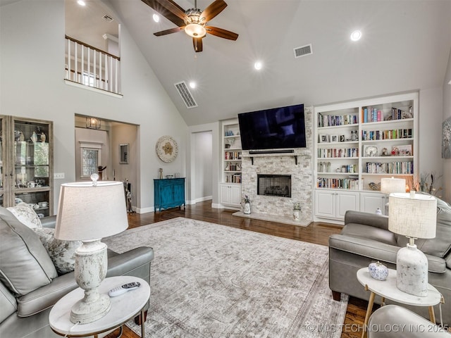 5509 E 121st Pl S, Tulsa, OK 74008 - living room with a ceiling fan, built in features, high vaulted ceiling, dark wood finished floors, and recessed lighting