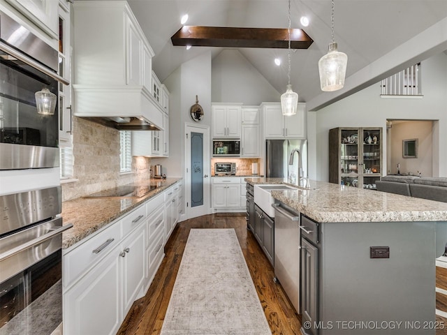 5509 E 121st Pl S, Tulsa, OK 74008 - kitchen with black appliances, white cabinetry, high vaulted ceiling, and dark wood-style floors