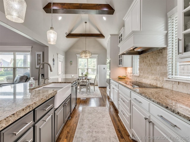 5509 E 121st Pl S, Tulsa, OK 74008 - kitchen featuring gray cabinetry, appliances with stainless steel finishes, premium range hood, dark wood-style floors, and glass insert cabinets