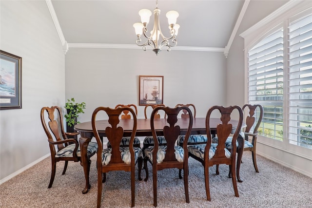 6904 S Chestnut Ave, Broken Arrow, OK 74011 - carpeted dining space with crown molding, a chandelier, and vaulted ceiling