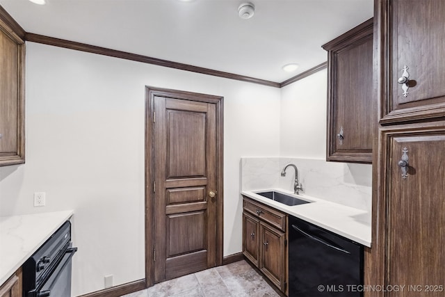 2151 E 27th St, Tulsa, OK 74114 - kitchen with black appliances, ornamental molding, dark brown cabinets, and backsplash