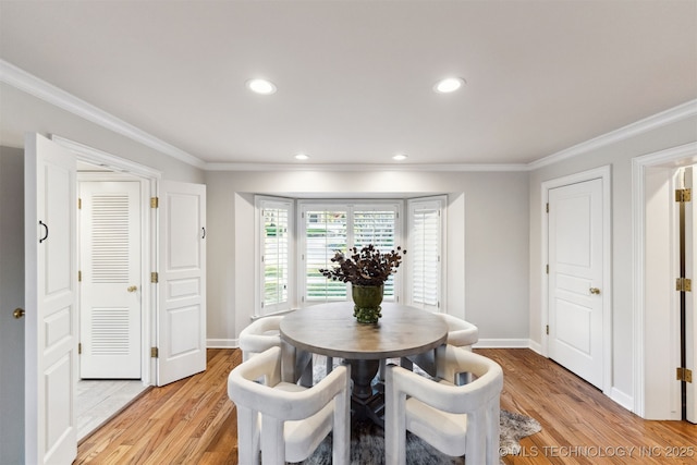 2151 E 27th St, Tulsa, OK 74114 - dining area featuring ornamental molding, light wood-type flooring, and recessed lighting