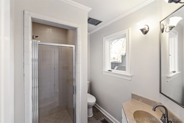 2151 E 27th St, Tulsa, OK 74114 - bathroom with vanity, a shower stall, and ornamental molding
