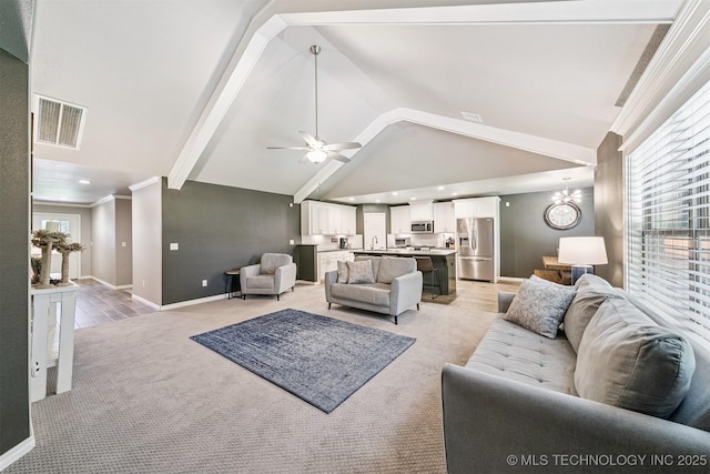 8035 Tims Ln, Claremore, OK 74019 - living room featuring light carpet, ceiling fan, beam ceiling, high vaulted ceiling, and recessed lighting