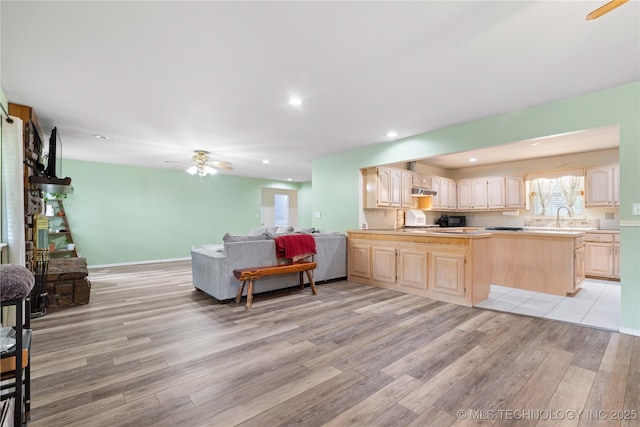 70155 S 336th Ct, Wagoner, OK 74467 - living room with light wood-style flooring, ceiling fan, and recessed lighting