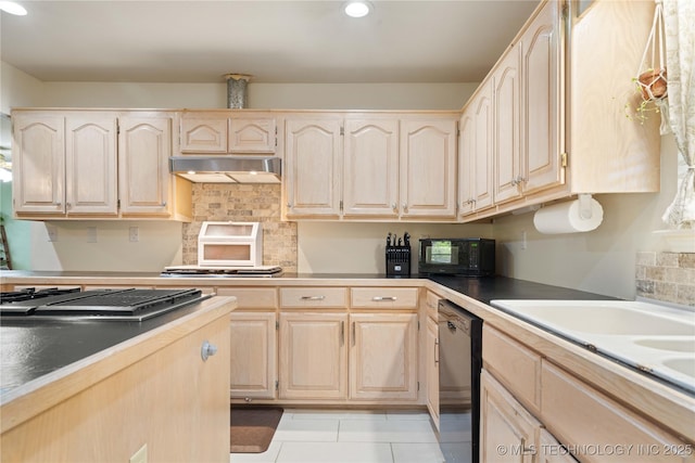 70155 S 336th Ct, Wagoner, OK 74467 - kitchen with under cabinet range hood, black appliances, light brown cabinets, recessed lighting, and light tile patterned floors
