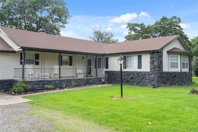 70155 S 336th Ct, Wagoner, OK 74467 - ranch-style house with a shingled roof, stone siding, a front yard, and a porch