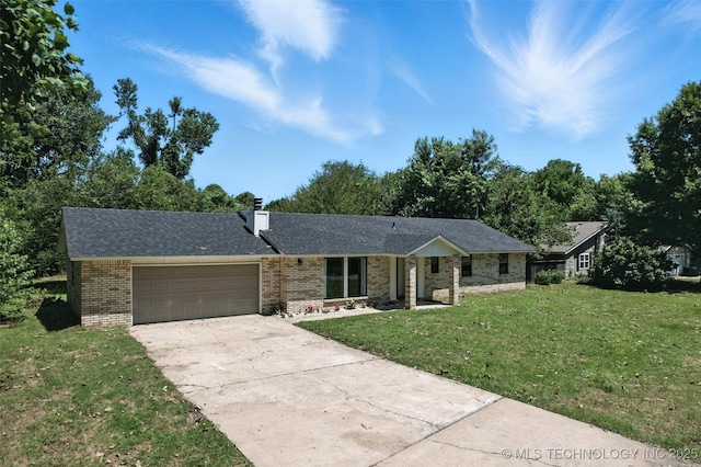 1121 S 221st W Ave, Sand Springs, OK 74063 - view of front of house featuring brick siding, a garage, a front lawn, concrete driveway, and a chimney