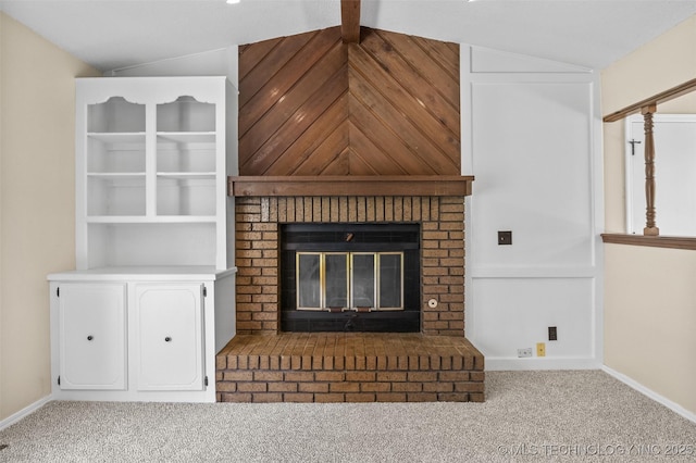 1121 S 221st W Ave, Sand Springs, OK 74063 - unfurnished living room with carpet floors, a brick fireplace, and lofted ceiling