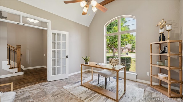 9198 E 120th St S, Bixby, OK 74008 - office with healthy amount of natural light, ceiling fan, french doors, and high vaulted ceiling