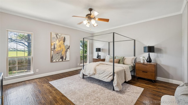 9198 E 120th St S, Bixby, OK 74008 - bedroom featuring dark wood-style floors, crown molding, and ceiling fan