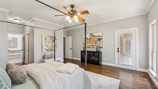 9198 E 120th St S, Bixby, OK 74008 - bedroom with ornamental molding, wood finished floors, access to outside, ensuite bath, and ceiling fan