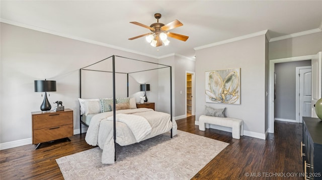 9198 E 120th St S, Bixby, OK 74008 - bedroom with dark wood-style flooring, ornamental molding, and ceiling fan