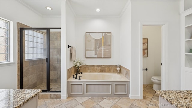 9198 E 120th St S, Bixby, OK 74008 - full bathroom with a stall shower, a bath, vanity, crown molding, and tile patterned flooring