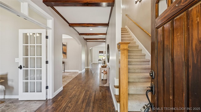 9198 E 120th St S, Bixby, OK 74008 - foyer entrance featuring arched walkways, beamed ceiling, wood finished floors, stairs, and coffered ceiling