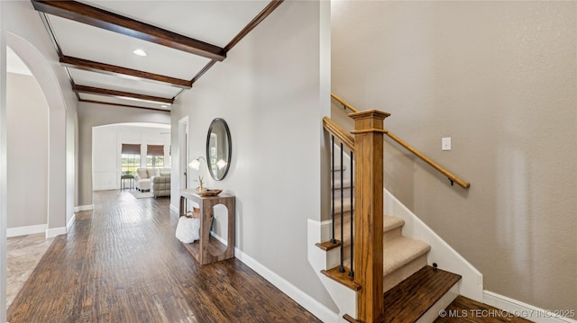 9198 E 120th St S, Bixby, OK 74008 - stairs featuring arched walkways, beamed ceiling, wood finished floors, and recessed lighting