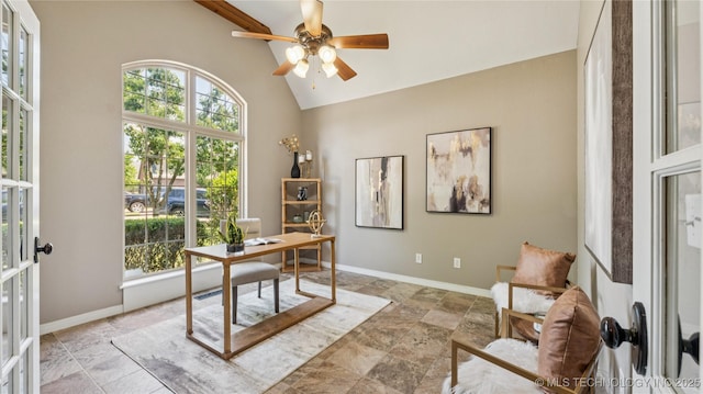 9198 E 120th St S, Bixby, OK 74008 - office area featuring light stone finish flooring, ceiling fan, beamed ceiling, french doors, and high vaulted ceiling