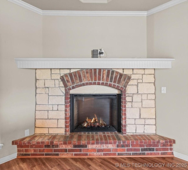 23609 E 135th St, Coweta, OK 74429 - detailed view of wood finished floors, a brick fireplace, and ornamental molding