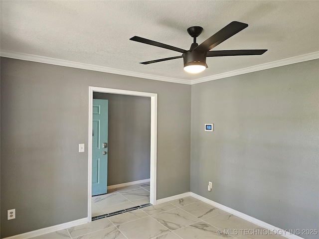 12717 E 133rd Pl S, Broken Arrow, OK 74011 - empty room featuring light marble finish flooring, ceiling fan, ornamental molding, and a textured ceiling