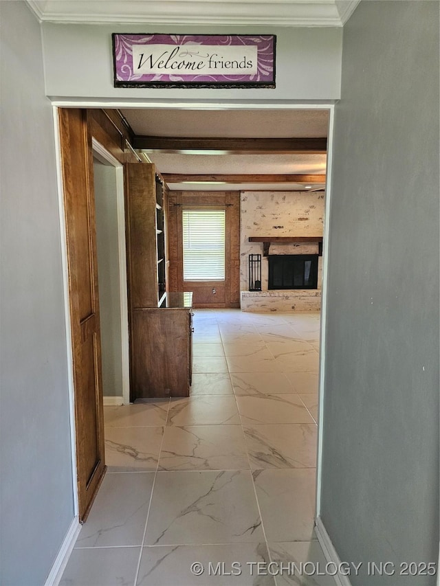 12717 E 133rd Pl S, Broken Arrow, OK 74011 - hall featuring light marble finish floors and crown molding