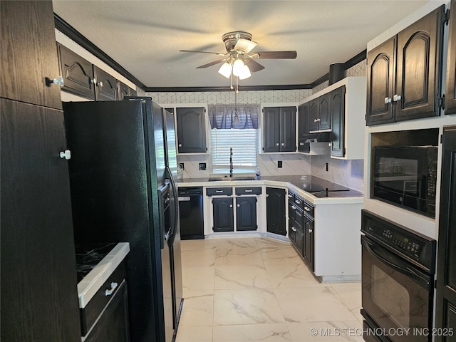12717 E 133rd Pl S, Broken Arrow, OK 74011 - kitchen featuring black appliances, a ceiling fan, light marble finish flooring, crown molding, and light countertops