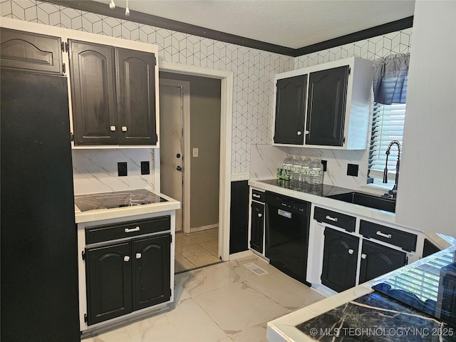 12717 E 133rd Pl S, Broken Arrow, OK 74011 - kitchen featuring black appliances, ornamental molding, light marble finish flooring, wallpapered walls, and tile countertops