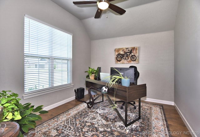 10423 S 233rd E Pl, Broken Arrow, OK 74014 - home office with ceiling fan, lofted ceiling, and dark wood-type flooring