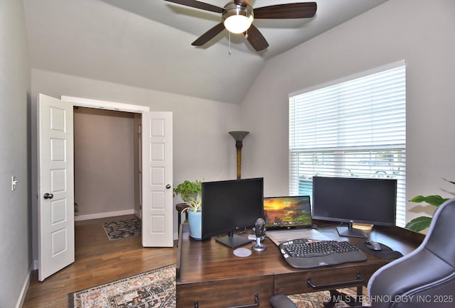10423 S 233rd E Pl, Broken Arrow, OK 74014 - office featuring a ceiling fan, wood finished floors, and lofted ceiling
