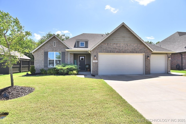 10423 S 233rd E Pl, Broken Arrow, OK 74014 - view of front facade with an attached garage, brick siding, concrete driveway, a front lawn, and a shingled roof